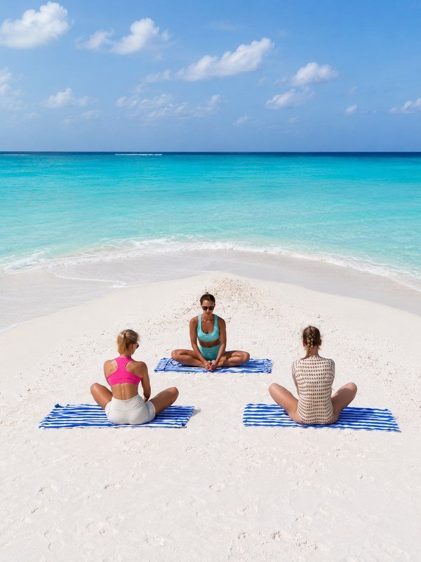 Three women sitting on the sand facing the turquoise ocean